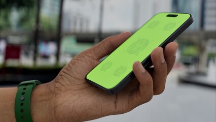 GREEN SCREEN CHROMA KEY Smartphone with a green screen held outdoors in a modern urban setting with...