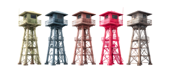 Pack of Five Colorful Metal Watchtowers Industrial Structures Observation Posts set against transparent background