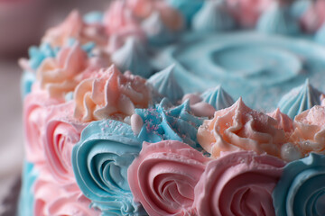 Close-up of gender reveal cake with blue and pink frosting
