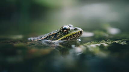Fototapeta premium Serene amphibian surfaces amid rippling swamp, whispering tales of Wetlands Day, enchanted by Frog Jumping Jubilee's magic