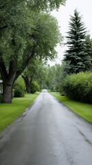 Obraz premium Tranquil rain-kissed lane whispers tales of solitude, serene green embrace; perfect for Nature Photography Day or Walpurgis Night musings