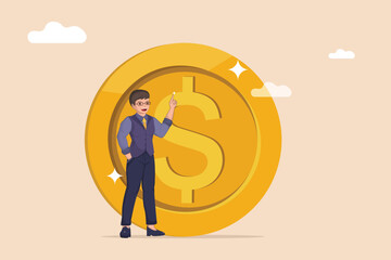 Expert financial Pointing Upward Towards a Shining, Oversized Dollar Coin, Representing Financial Goals and Success.