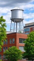 Urban Water Tower atop Brick Building with Green Trees against Blue Sky and Clouds cityscape landmark architecture