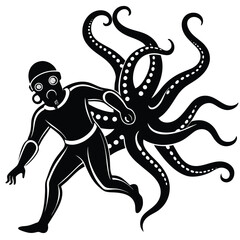 Scuba diving vector silhouette illustration Diver chasing octopus