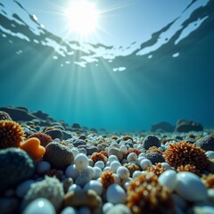 Sunlight filtering through ocean surface White and orange sea coral Rocky ocean floor