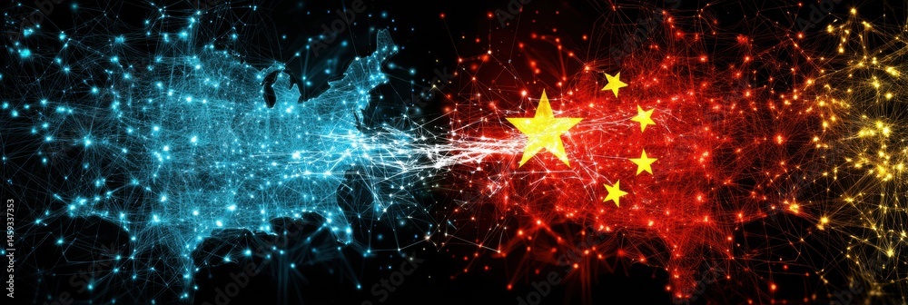 Poster Glowing Neural Networks of US and China Flags Collide in Digital Representation Illustrating International Relations and Technology Generative AI