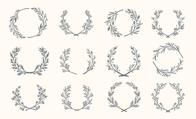 Set of Simple and Natural Floral Wreath Flower Botanical Rounded Logo Icon for Christmas, Wedding, Greeting Cards, Save The Date, Floral Frame and Greenery Border in Vector