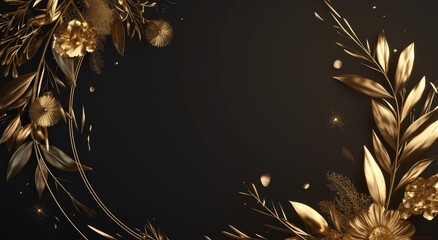 3D Render of Luxury Style Wallpaper Design with Gold Flowers on Black Background and Golden Leaves and Branches Frame in Center