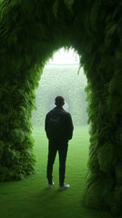Silhouetted against lush green ferns, a curious journeyer finds tranquility, evoking Earth Day's verdant embrace and Celtic Beltane whispers
