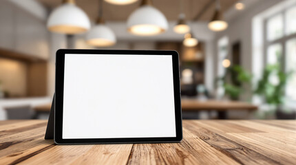 Fototapeta premium black tablet with a blank white screen rests on a wooden table in a modern setting