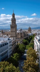 Naklejka premium Elevated view of a historic cathedral and urban architecture under a partly cloudy sky, featuring a tall tower, buildings, and trees