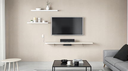 minimalist living room interior with flat-screen television
