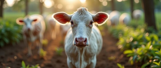 Obraz premium Sunlit cow in the foreground with a blurred herd behind it on a dirt path