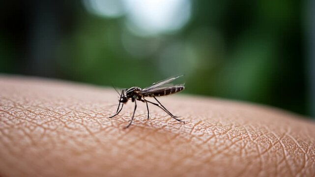 Mosquito biting human skin in macro close-up with blurred background

