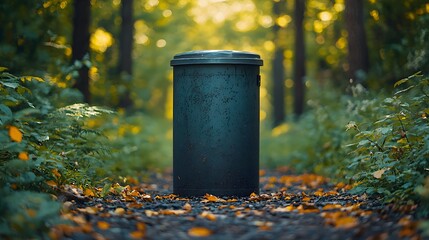 Obraz premium Dark-green cylindrical trash receptacle on leaf-strewn path with blurred forest background