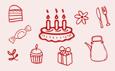 Hand-Drawn Whimsical Illustrations, cake and party items. Coquette girl