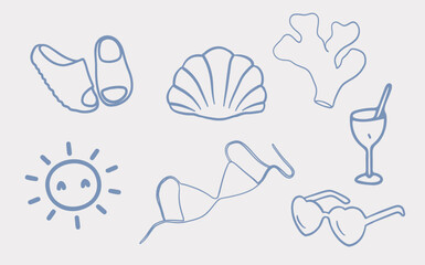 Hand-Drawn Whimsical Illustrations, beach vibes and feminine items. Coquette girl

