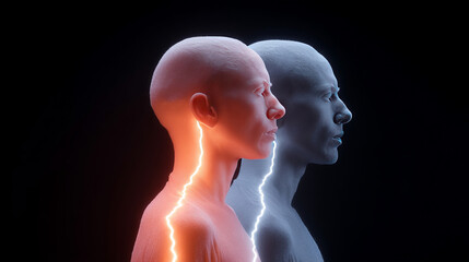 Two futuristic humanoid figures, one glowing with electric vibrance, explore duality themes; celebrating Quantum Physics Day and Transhumanism Week