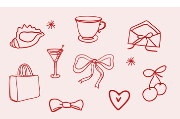 Hand-Drawn Whimsical Illustrations, cherry and feminine items. Coquette girl
