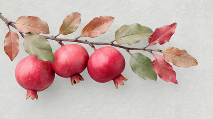 Crimson pomegranates dangle from autumnal boughs, celebrating the Persian Mehregan festival and symbolizing prosperity's jeweled embrace