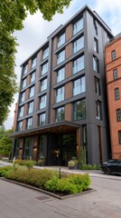 Contemporary style mixed-use building with adjacent historic architecture in a landscaped urban setting