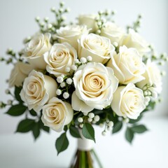 Obraz premium A bouquet of white roses in a vase with green foliage accents and small white flowers