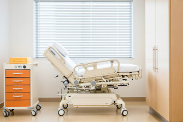 modern hospital bed in a bright clean room