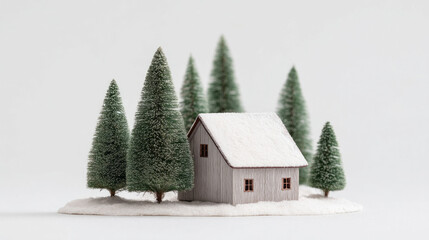 Serene snow-kissed cabin nestles amidst frosted evergreens, evoking Nordic hygge spirit and the enchantment of Yule celebrations