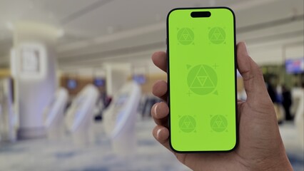 GREEN SCREEN CHROMA KEY Person holding a smartphone in an airport terminal with self-service kiosks in a bright, modern environment