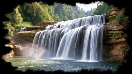 Digital art of multi-tiered waterfall cascading over brown rocks into calm pool with green foliage