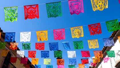 Papel picado hanging in the air ready for the Cinco de Mayo celebration