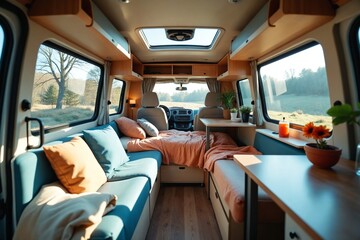 Mobile Living: Smart Storage and Compact Design in a Camper Van Interior, Minimalist Aesthetic for a Nomadic Lifestyle with Natural Illumination