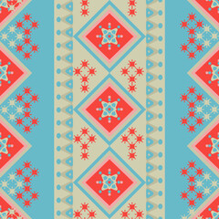 A vertical stripe geometric pattern inspired by ethnic and tribal aesthetics, featuring red and teal diamond shapes with star details. Great for fabric design, stationery, and digital backgrounds.