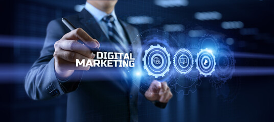 DIgital marketing online internet SEO SEM SMM. Businessman pressing button on screen.