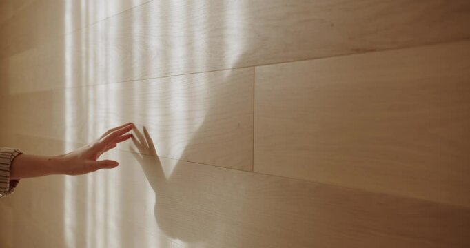 Woman's hand strokes a wooden wall, her shadow projected by natural window light. Slow motion captures the gentle, artistic movement, creating a tranquil and aesthetic feel.