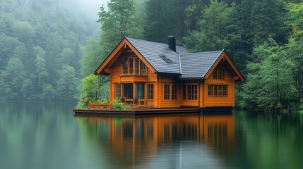 Fototapeta premium Peaceful wooden cabin on a serene lake nestled in a forest.