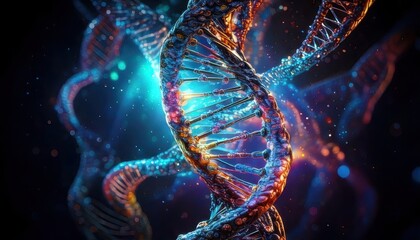 A glowing, detailed DNA double helix structure with vibrant colors, representing genetics and molecular science.