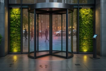 Eco-Friendly Revolving Door Entrance with Green Wall at Corporate Building