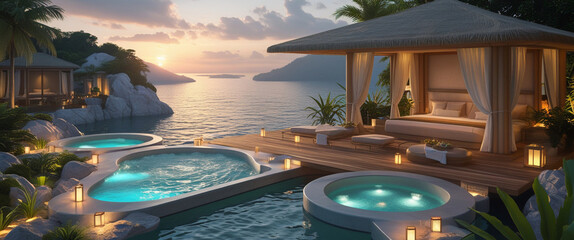Luxurious island resort with jacuzzis and a romantic bed near the ocean at sunset