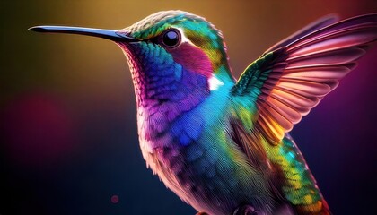 Fototapeta premium A vibrant, close-up image of a colorful hummingbird in flight against a blurred, multicolored background.
