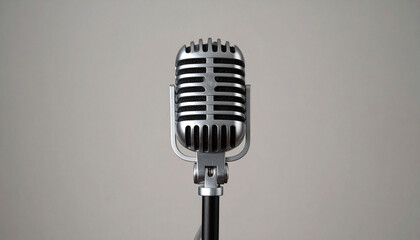 Fototapeta premium Silver microphone on black stand against neutral backdrop.