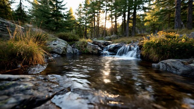 Small forest stream flowing over rocks in early morning light, surrounded by green moss and wild vegetation, peaceful natural scene &ndash; Generative AI