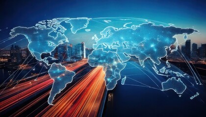 A digital world map overlays a city skyline with glowing data lines, symbolizing global connectivity and modern technology.
