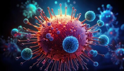 A digitally rendered close-up of a virus particle, showcasing its detailed surface and spikes against a dark background.