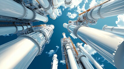 Gas refinery with detailed network of overhead pipes, main towers placed toward right edge, open field on left for compositional balance, natural daylight