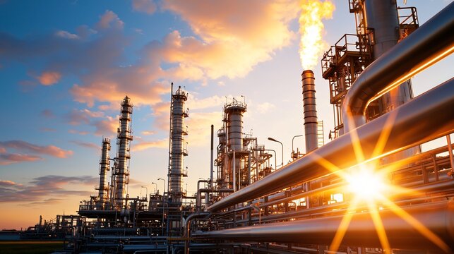 Gas refinery with detailed network of overhead pipes, main towers placed toward right edge, open field on left for compositional balance, natural daylight