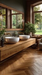 Modern bathroom interior with round sinks, wood accents, and herringbone flooring in a luxury home with a view of nature outside