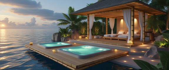 Luxurious island spa with tranquil hot tubs and relaxing daybeds overlooking the calm ocean waters