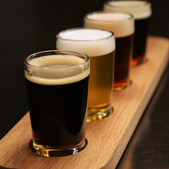 four glasses of assorted beer on a wooden tasting tray