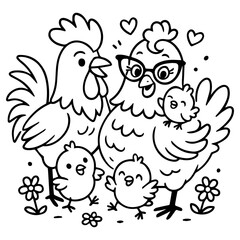 Fototapeta premium Cute cartoon chicken mom with baby chicks, heart and flower doodles, fun family poultry line art.